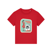 red funny offensive t-shirt with the graphic of a retro housewife stood next to a washing machine and the slogan 'i used to be fucking stupid .. but we broke up'