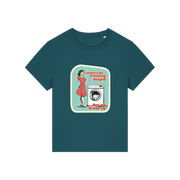 teal funny offensive t-shirt with the graphic of a retro housewife stood next to a washing machine and the slogan 'i used to be fucking stupid .. but we broke up'