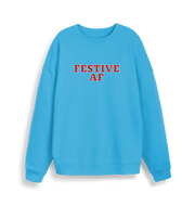 blue christmas slogan jumper with 'festive af'