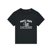 black funny offensive t-shirt with the graphic of duct tape and the slogan 'duct tape it can't fix stupid but it can muffle the sound'