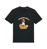 black animal t-shirt with the graphic of a cartoon goat and the slogan 'whatever floats your goat'