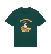 green animal t-shirt with the graphic of a cartoon goat and the slogan 'whatever floats your goat'
