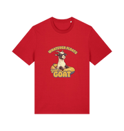 red animal t-shirt with the graphic of a cartoon goat and the slogan 'whatever floats your goat'
