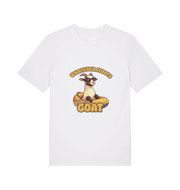 white animal t-shirt with the graphic of a cartoon goat and the slogan 'whatever floats your goat'
