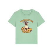 green funny animal t-shirt with the graphic of a goat in a dinghy and the slogan 'whatever floats your goat'