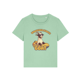 green funny animal t-shirt with the graphic of a goat in a dinghy and the slogan 'whatever floats your goat'