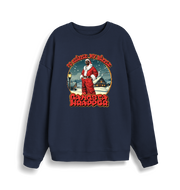 navy christmas sweater with the graphic of snoop dogg in a santa outfit and the slogan 'fo shizzle my nizzle gangster wrapper'