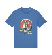 blue funny offensive t-shirt with the graphic of jesus riding a unicorn and the slogan 'it's friday bitches let the shenangans begin'