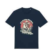navy funny offensive t-shirt with the graphic of jesus riding a unicorn and the slogan 'it's friday bitches let the shenangans begin'