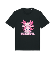 Black kawaii t-shirt with pink axolotl graphic and the slogan 'Fuxaloti' 