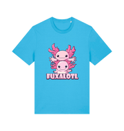 blue kawaii t-shirt with pink axolotl graphic and the slogan 'Fuxaloti' 