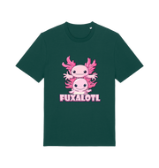 green kawaii t-shirt with pink axolotl graphic and the slogan 'Fuxaloti' 