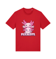 red kawaii t-shirt with pink axolotl graphic and the slogan 'Fuxaloti' 