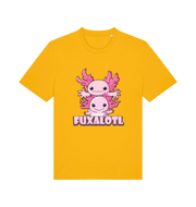 yellow kawaii t-shirt with pink axolotl graphic and the slogan 'Fuxaloti' 