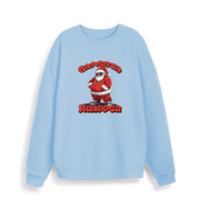 light blue  xmas sweater with the graphic of santa dressed as a gangster and the slogan 'gangsta wrapper'