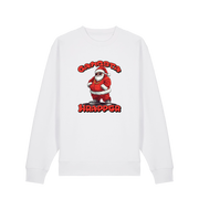 white xmas sweater with the graphic of santa dressed as a gangster and the slogan 'gangsta wrapper'