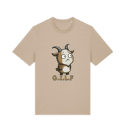 beige funny animal t-shirt with the graphic of a cartoon goat and the slogan 'gilf'