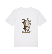 white funny animal t-shirt with the graphic of a cartoon goat and the slogan 'gilf'