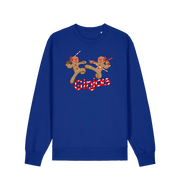 blue christmas sweater with the graphic of two gingerbread men fighting with candy canes and the slogan 'ginjas'