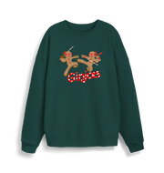 green christmas sweater with the graphic of two gingerbread men fighting with candy canes and the slogan 'ginjas'