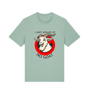 mint green animal t-shirt with the graphic of a goat and the slogan 'i ain't afraid of no goat' inspired by the classic 80's movie ghostbusters 