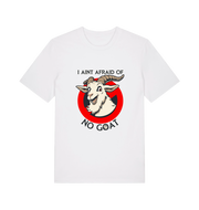 white animal t-shirt with the graphic of a goat and the slogan 'i ain't afraid of no goat' inspired by the classic 80's movie ghostbusters 