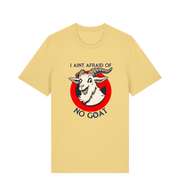 yellow animal t-shirt with the graphic of a goat and the slogan 'i ain't afraid of no goat' inspired by the classic 80's movie ghostbusters 