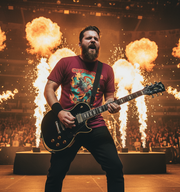 Guitarist performing on stage with fireworks in the background wearing a graphic music t-shirt