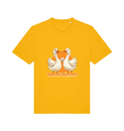 yellow funny animal t-shirt with the graphic of two geese fist bumping and the slogan 'goosebumps'
