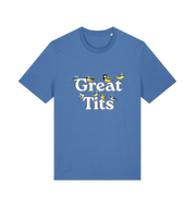 blue funny rude t-shirt with the graphic of some birds and the slogan 'great tits'