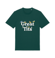green funny rude t-shirt with the graphic of some birds and the slogan 'great tits'