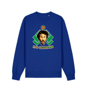 blue christmas sweater with a graphic of die hards gruber and the slogan 'it's christmas'