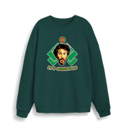 green christmas sweater with a graphic of die hards gruber and the slogan 'it's christmas'