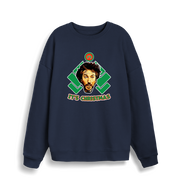 navy christmas sweater with a graphic of die hards gruber and the slogan 'it's christmas'