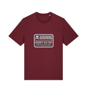 burgundy retirement t-shirt with the slogan 'warning grumpy old man'