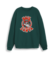 green christmas sweater with the graphic of santa inside a pentagram and the slogan 'hail santa'