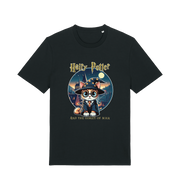 black geek t-shirt with the graphic of a cat dressed as a wizard and the slogan 'hairy potter and the goblet ofmilk'