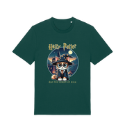 green geek t-shirt with the graphic of a cat dressed as a wizard and the slogan 'hairy potter and the goblet ofmilk'