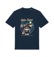 navy geek t-shirt with the graphic of a cat dressed as a wizard and the slogan 'hairy potter and the goblet ofmilk'