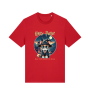 red geek t-shirt with the graphic of a cat dressed as a wizard and the slogan 'hairy potter and the goblet ofmilk'