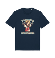 navy funny jesus t-shirt with the graphic of jesus lifting weights and the slogan 'hallowed be thy gains'
