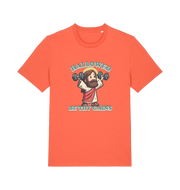 orange funny jesus t-shirt with the graphic of jesus lifting weights and the slogan 'hallowed be thy gains'