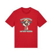 red funny jesus t-shirt with the graphic of jesus lifting weights and the slogan 'hallowed be thy gains'