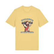 yellow funny jesus t-shirt with the graphic of jesus lifting weights and the slogan 'hallowed be thy gains'