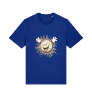 blue graphic t-shirt featuring a cartoon golf ball with a smiley face