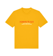yellow funny offensive t-shirt with the slogan 'hawk tuah'