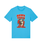 blue funny offensive t-shirt with the graphic of a llama and the slogan 'hawk tuah spit on that thing'