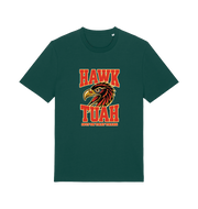 green funny offensive t-shirt with the graphic of an eagles head and the slogan 'hawk tuah spit on that thang'