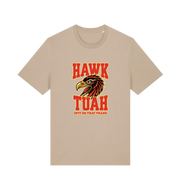beige funny offensive t-shirt with the graphic of an eagles head and the slogan 'hawk tuah spit on that thang'