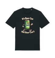 black funny graphic t-shirt with a cartoon beer can and the slogan 'its beer can not beer cant'